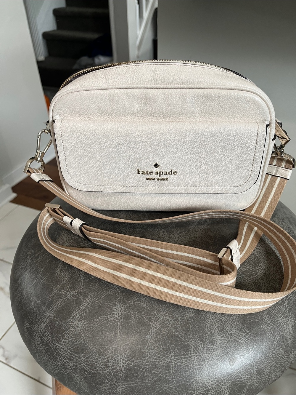 kate spade Cream Leather Crossbody with Striped Strap